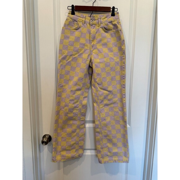 Ragged Priest Yellow & Purple Checkerboard Wide Leg Jeans Sz 24 Urban Outfitters - Picture 2 of 6